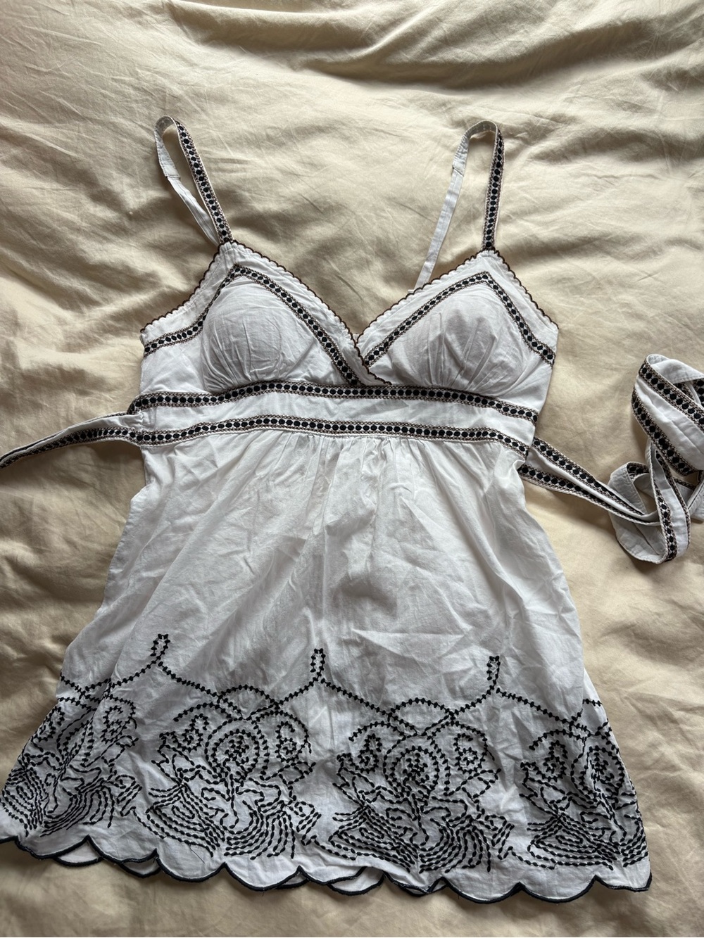 Cotton Y2K White Cami Top with Black Embroidered Trim